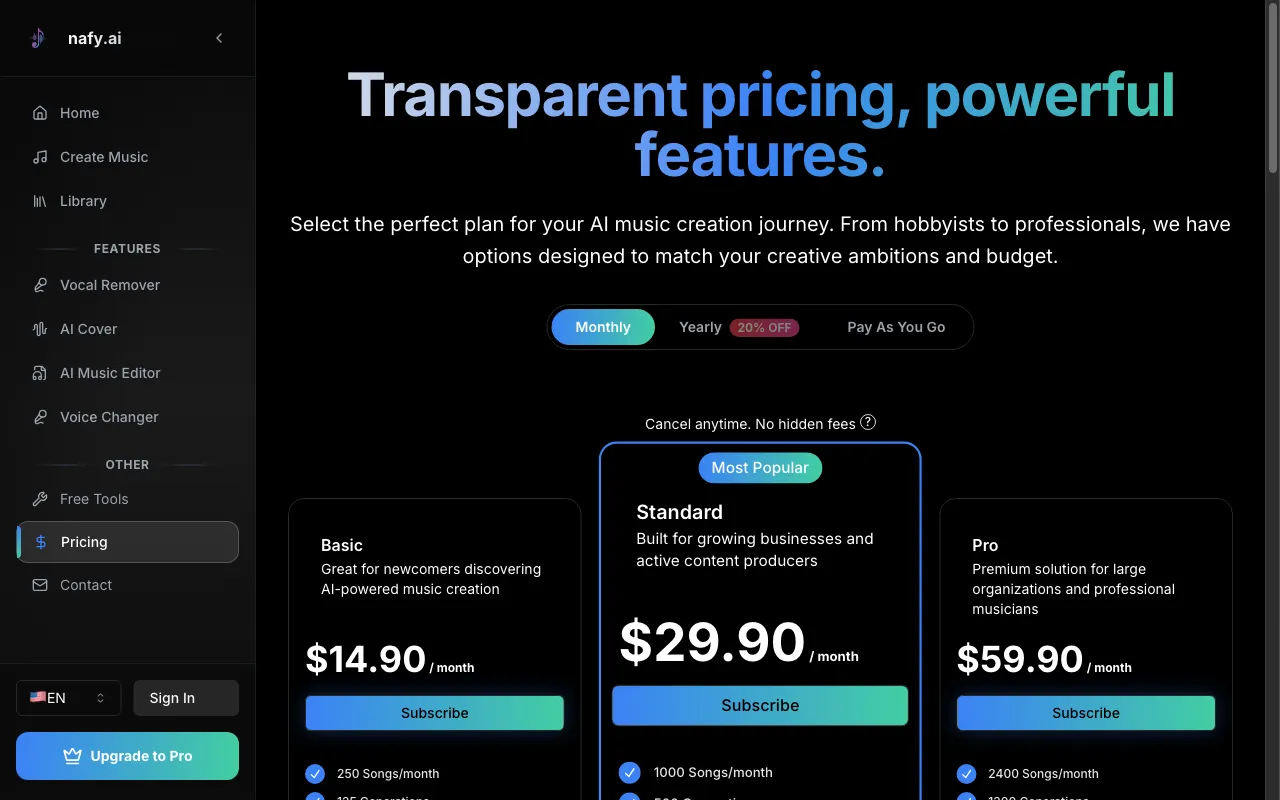 Nafy AI — pricing page