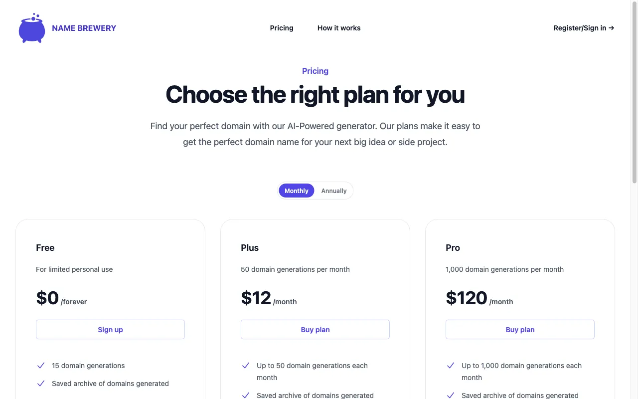 Name Brewery — pricing page