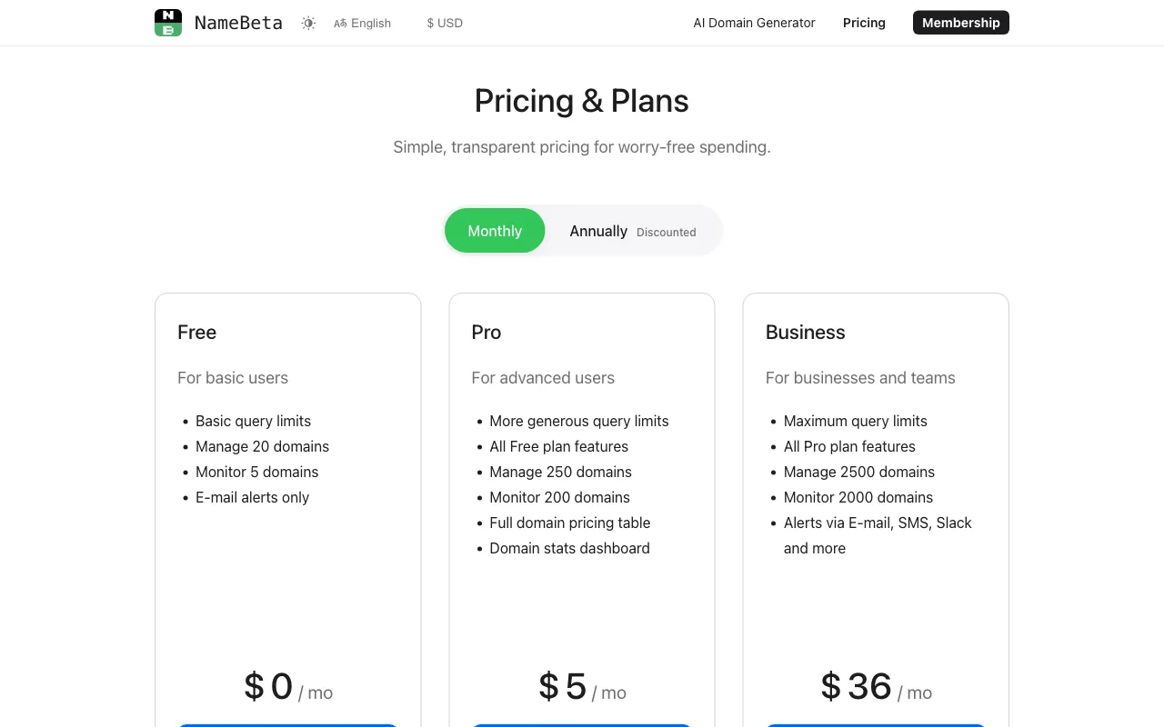 NameBeta — pricing page