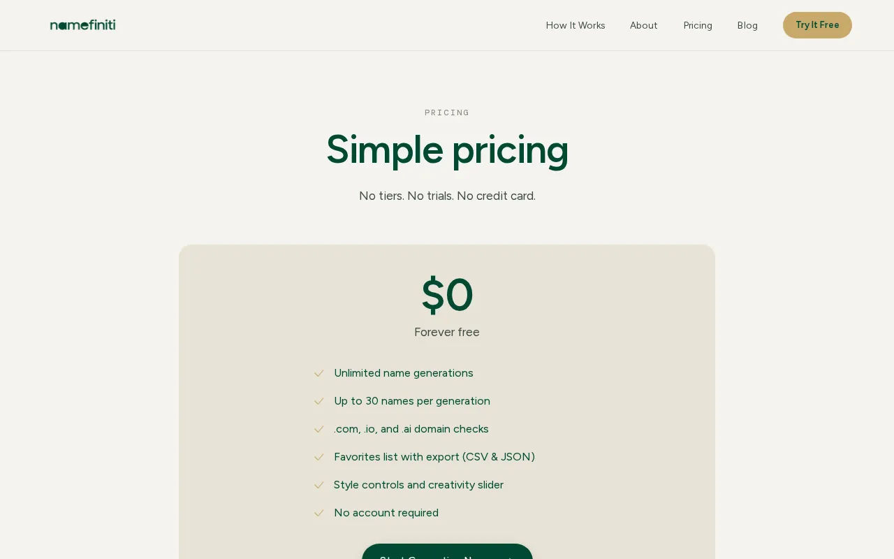 Namefiniti — pricing page