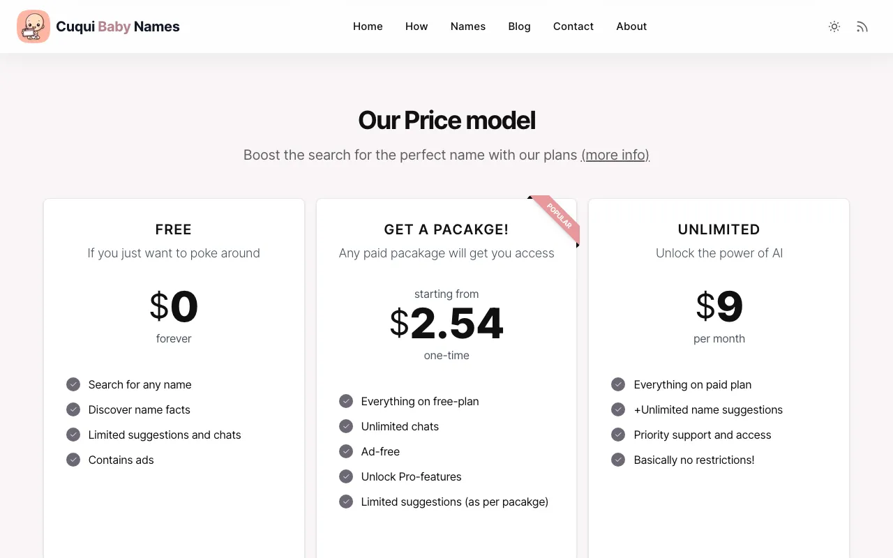 Cuqui Baby Names with AI - Swipe the perfect name — pricing page