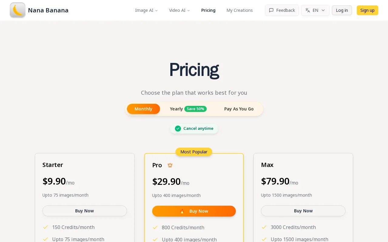 Nana Banana AI Photo Editor — pricing page