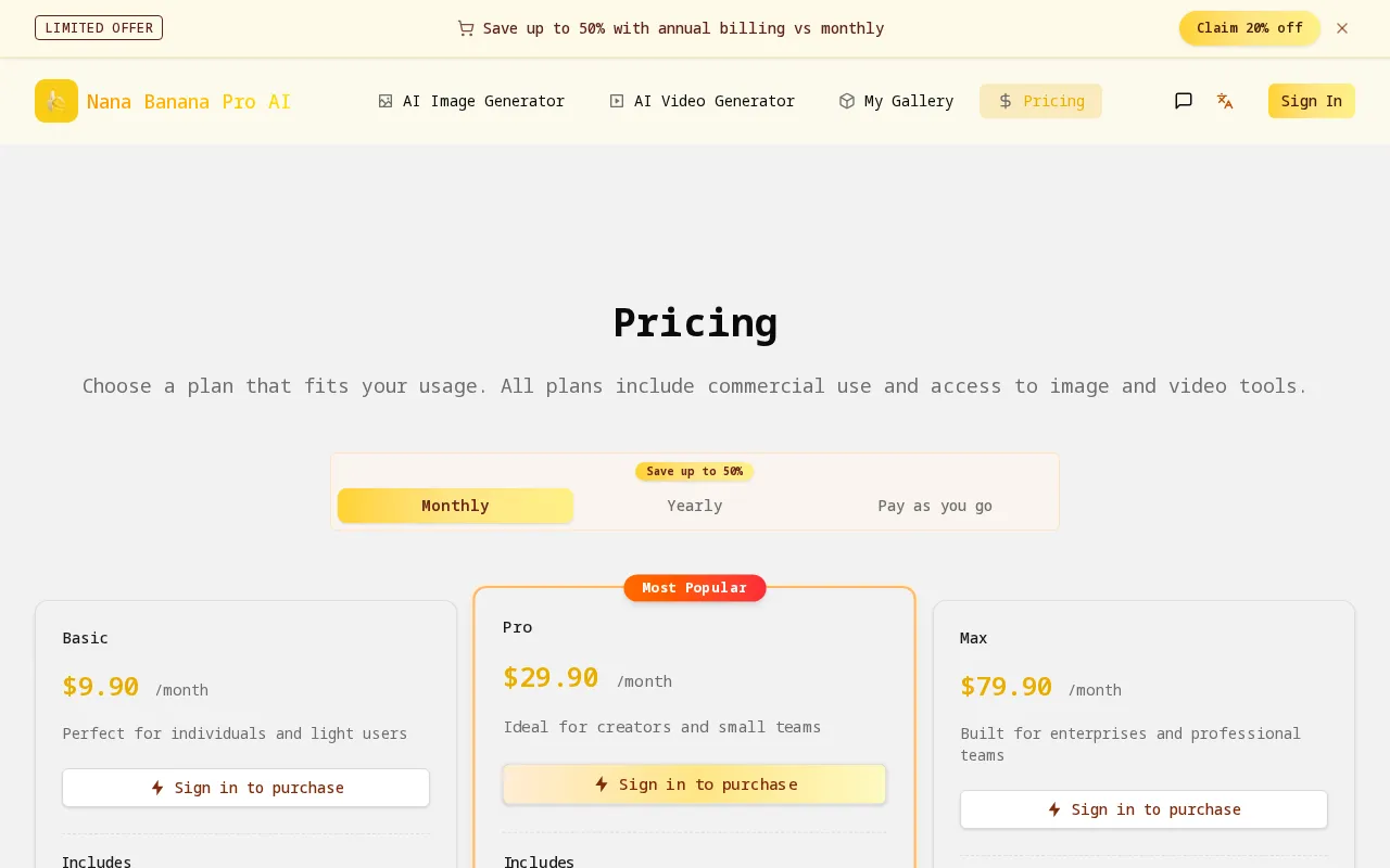 Nana Banana Pro AI — pricing page