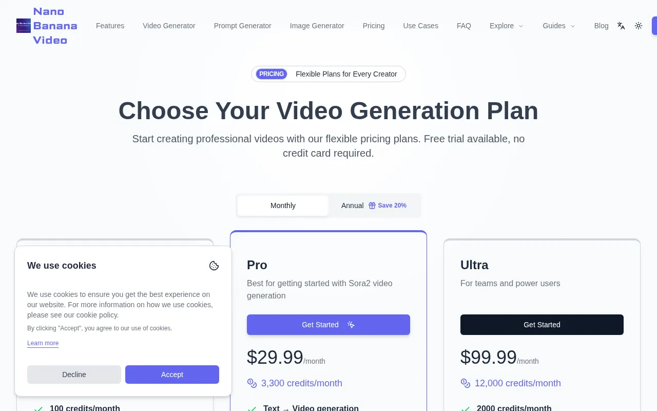 nana banana video — pricing page