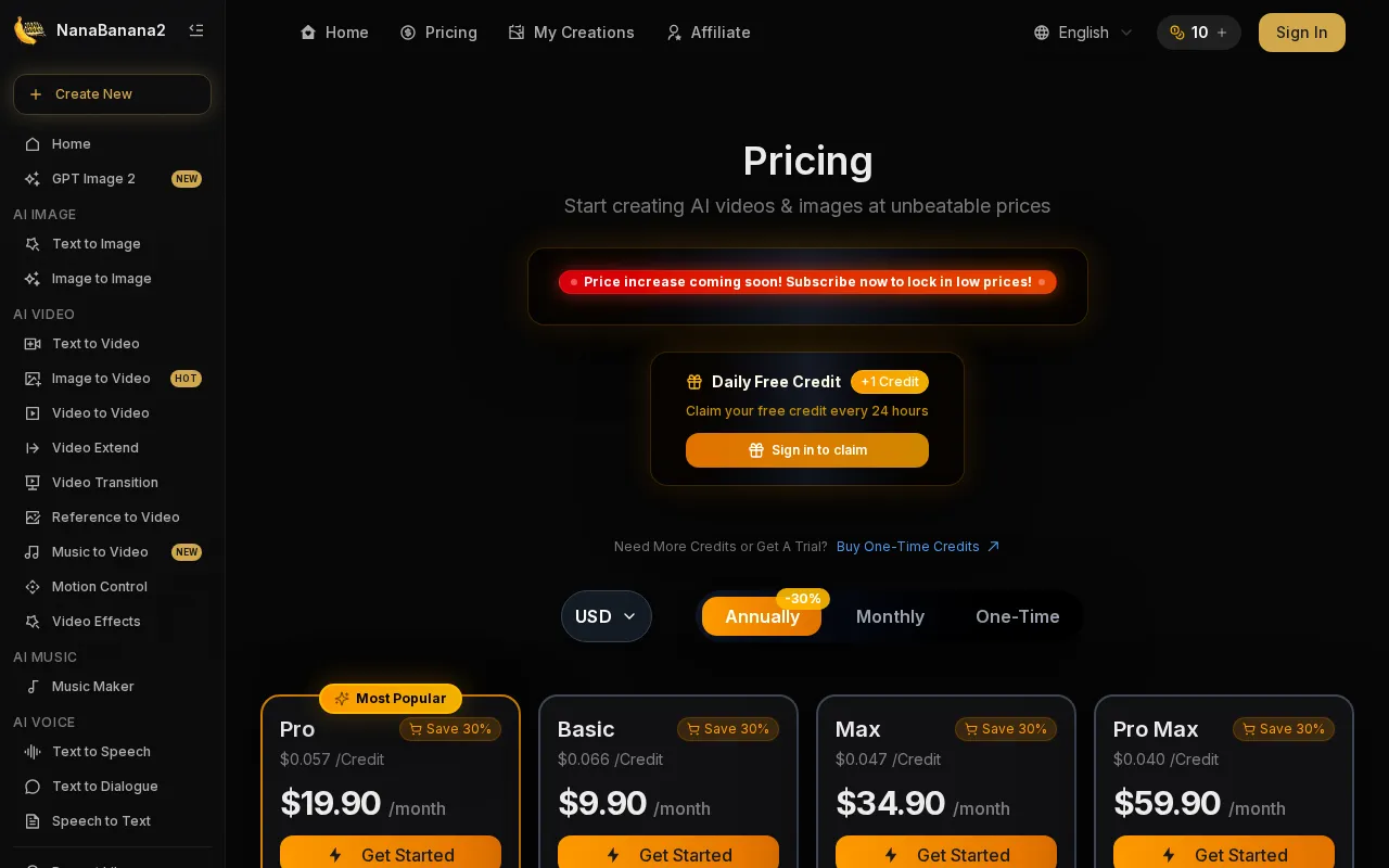 NanaBanana2 AI — pricing page