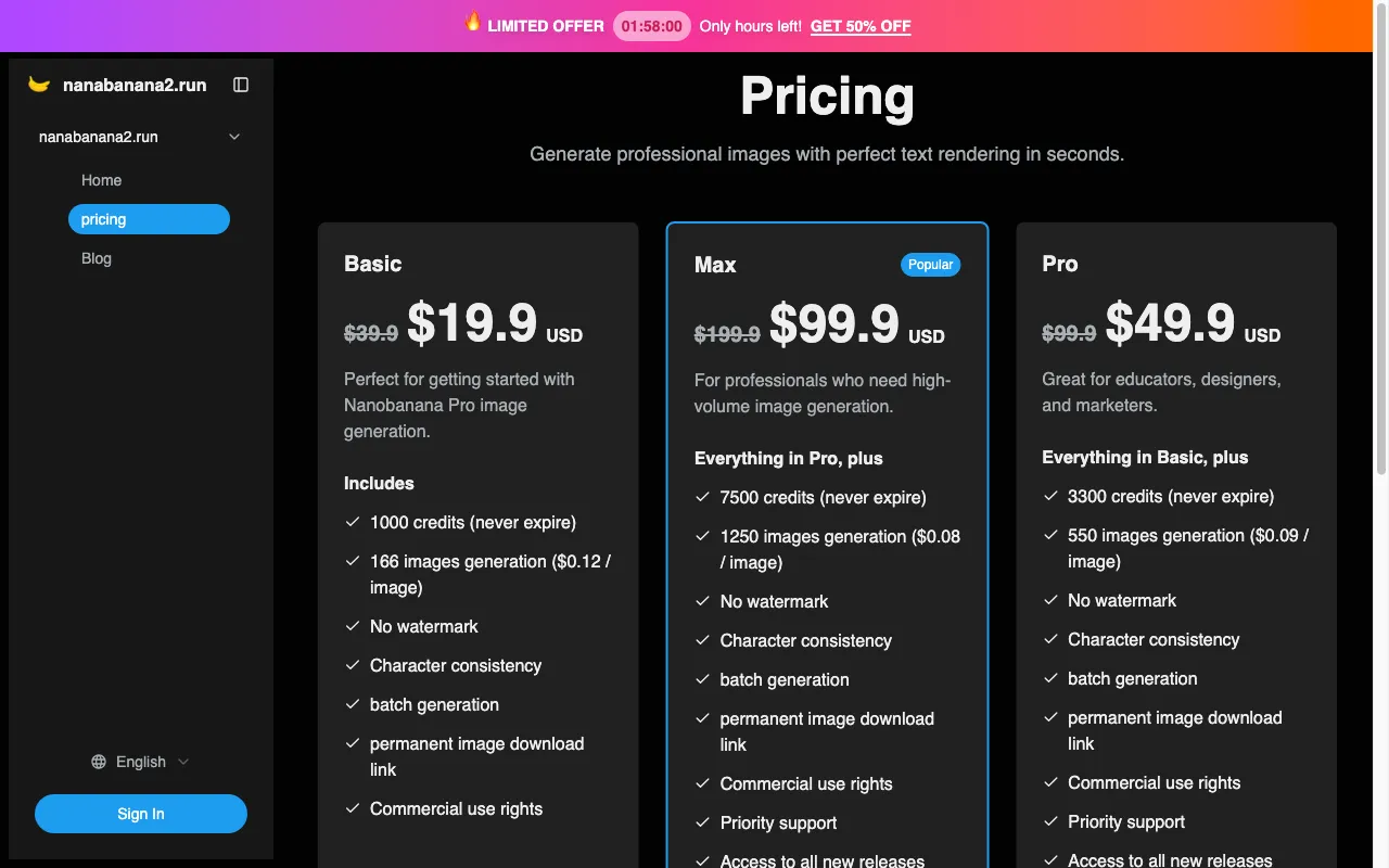 nanabanana2.run — pricing page