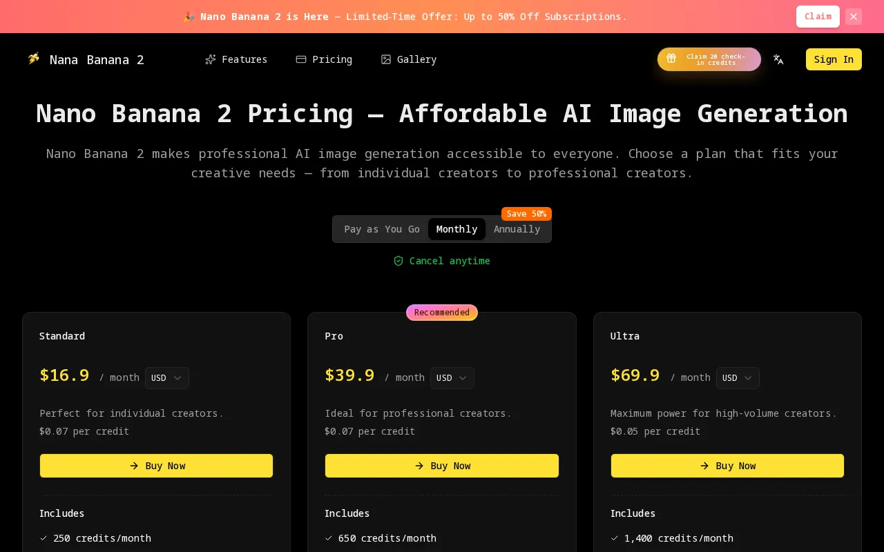 Nana Banana 2 — pricing page