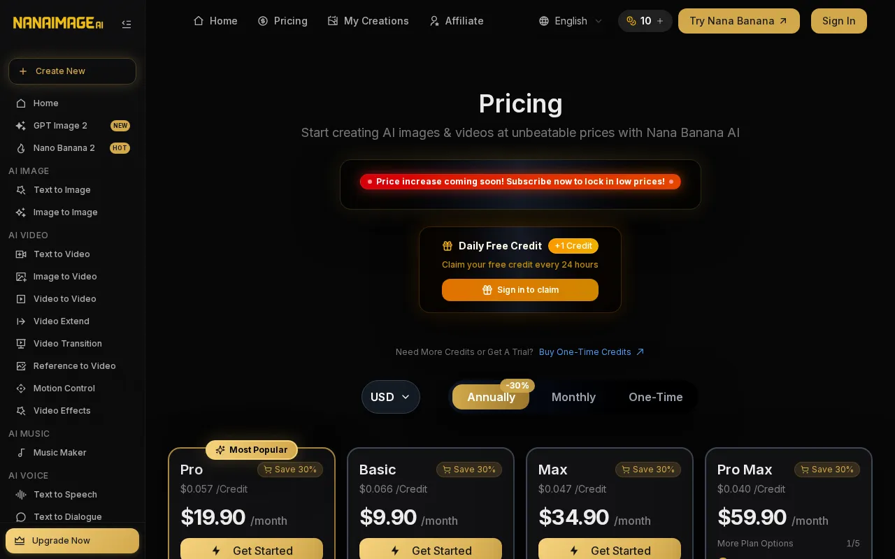 Nana Banana AI — pricing page
