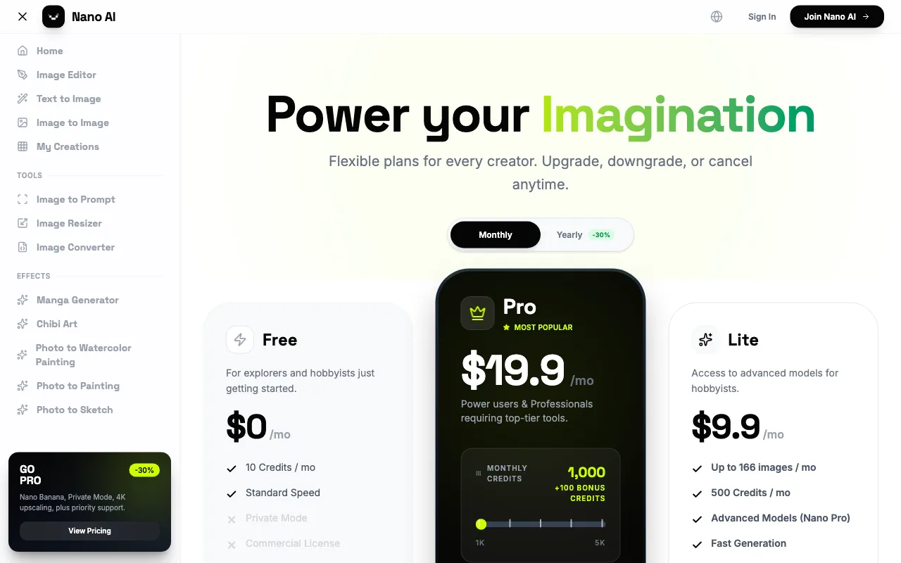 Nano AI — pricing page