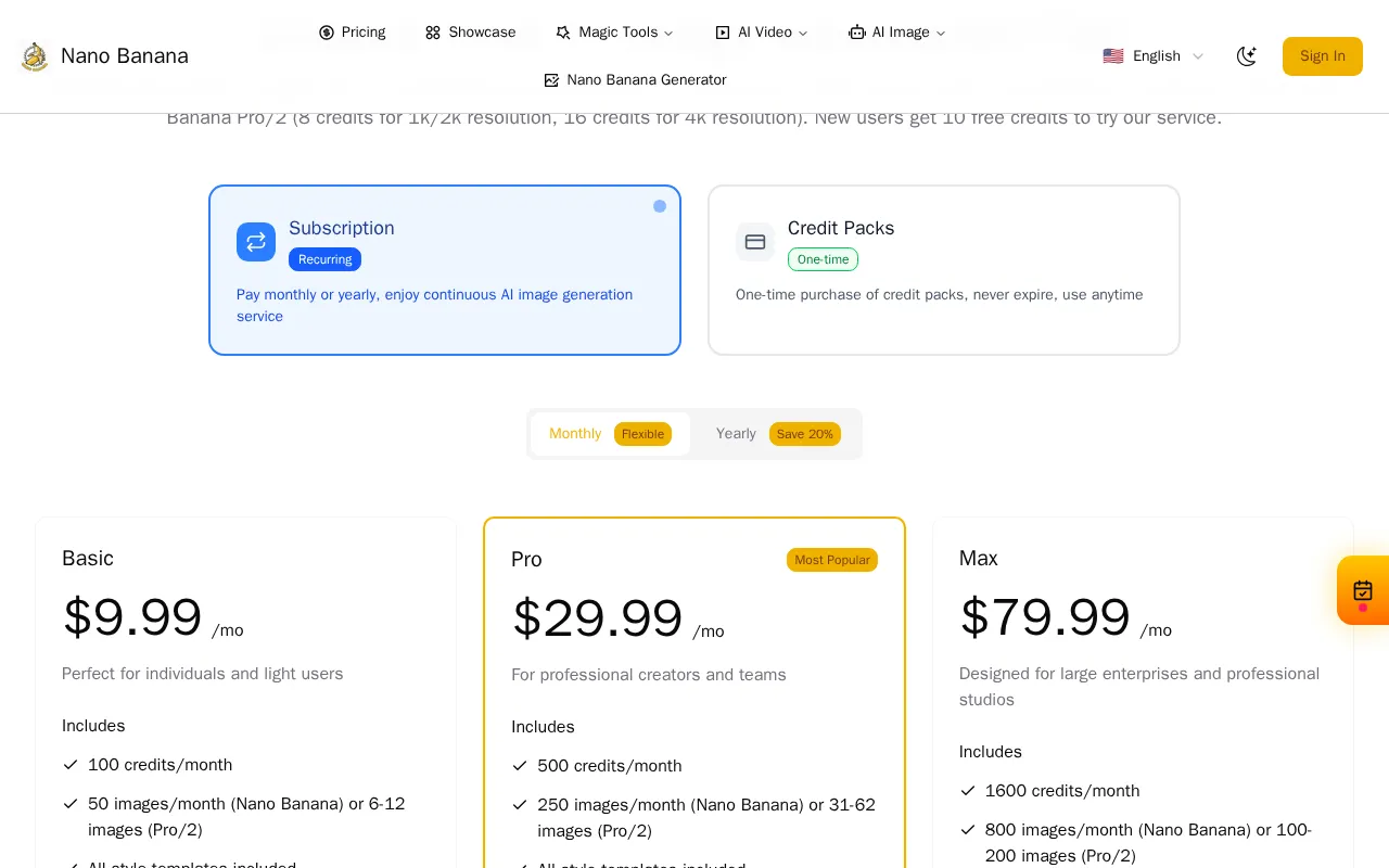 Nano Banana — pricing page