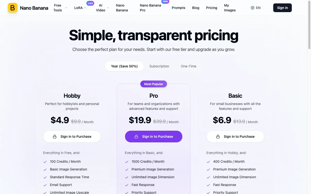 Nano-Banana AI — pricing page
