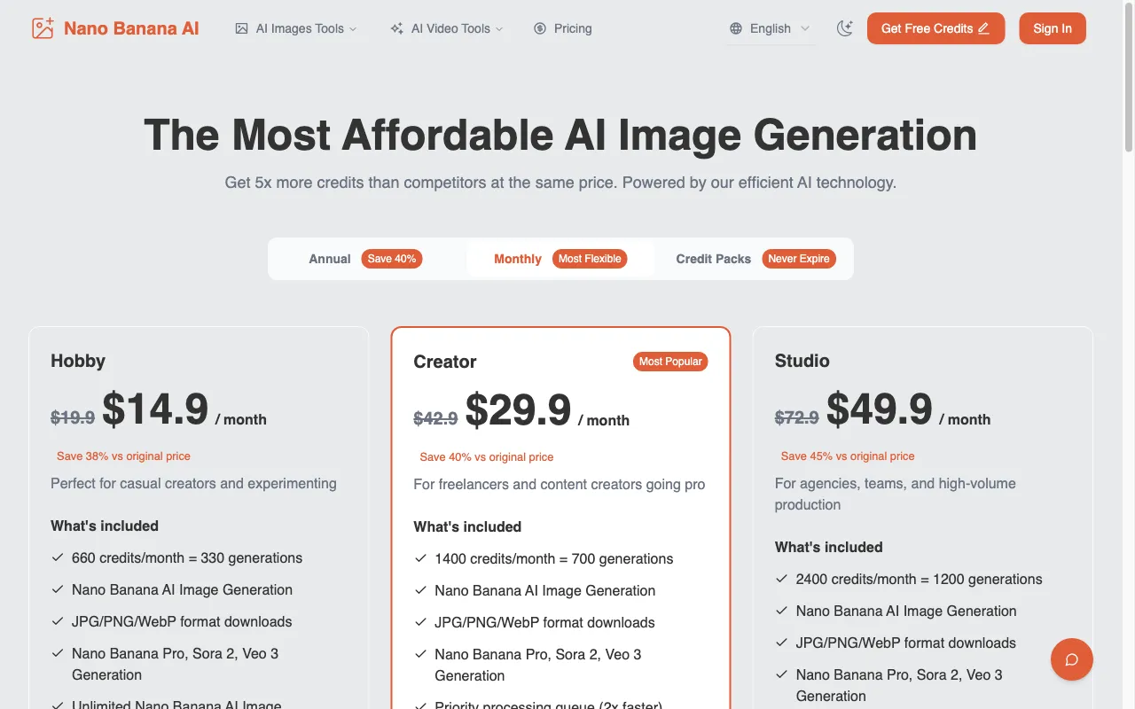 Nano Banana AI — pricing page