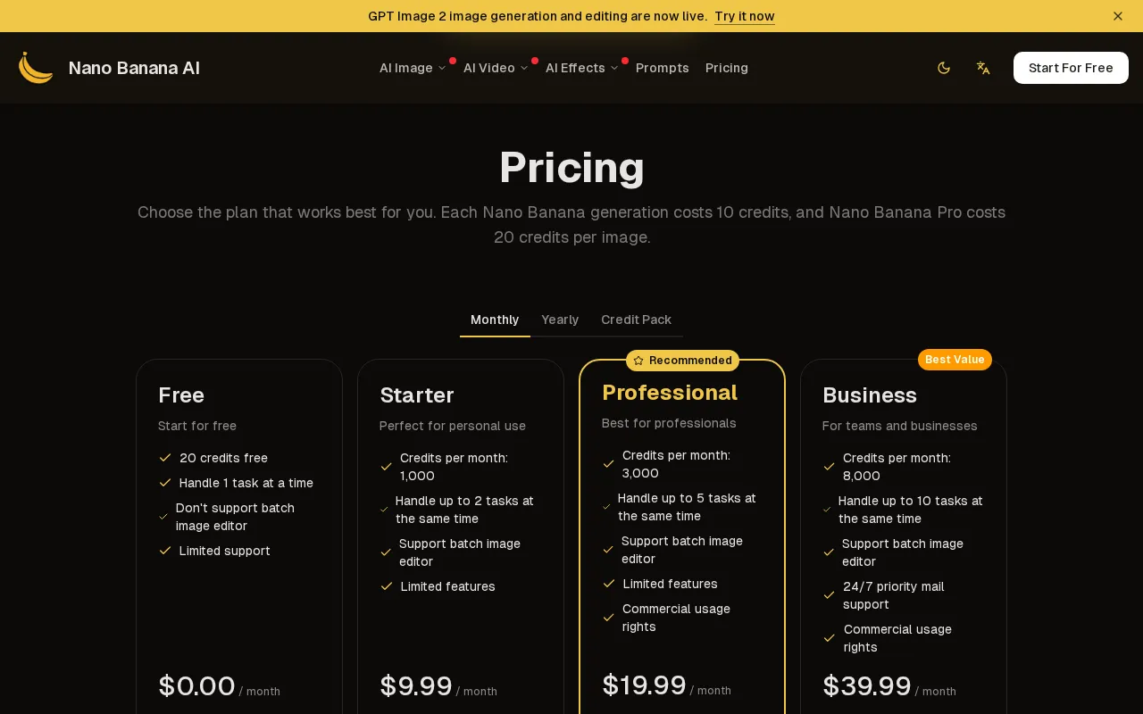 Nano Banana Art — pricing page