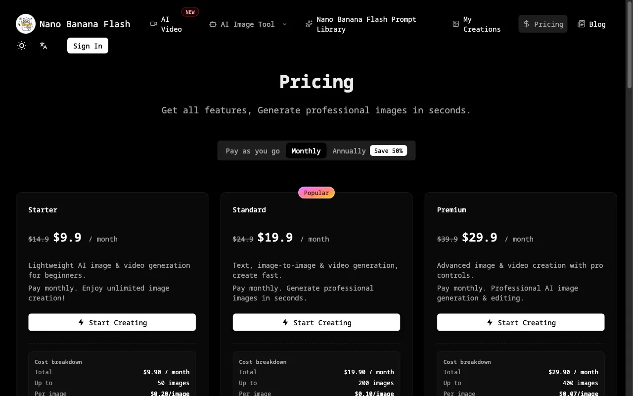 Nano Banana Flash — pricing page