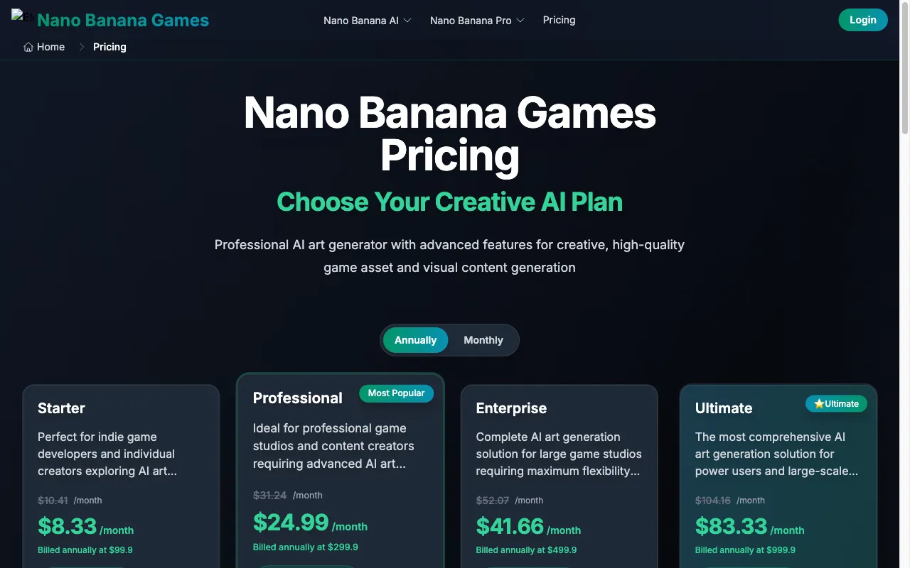 Nano Banana Games — pricing page