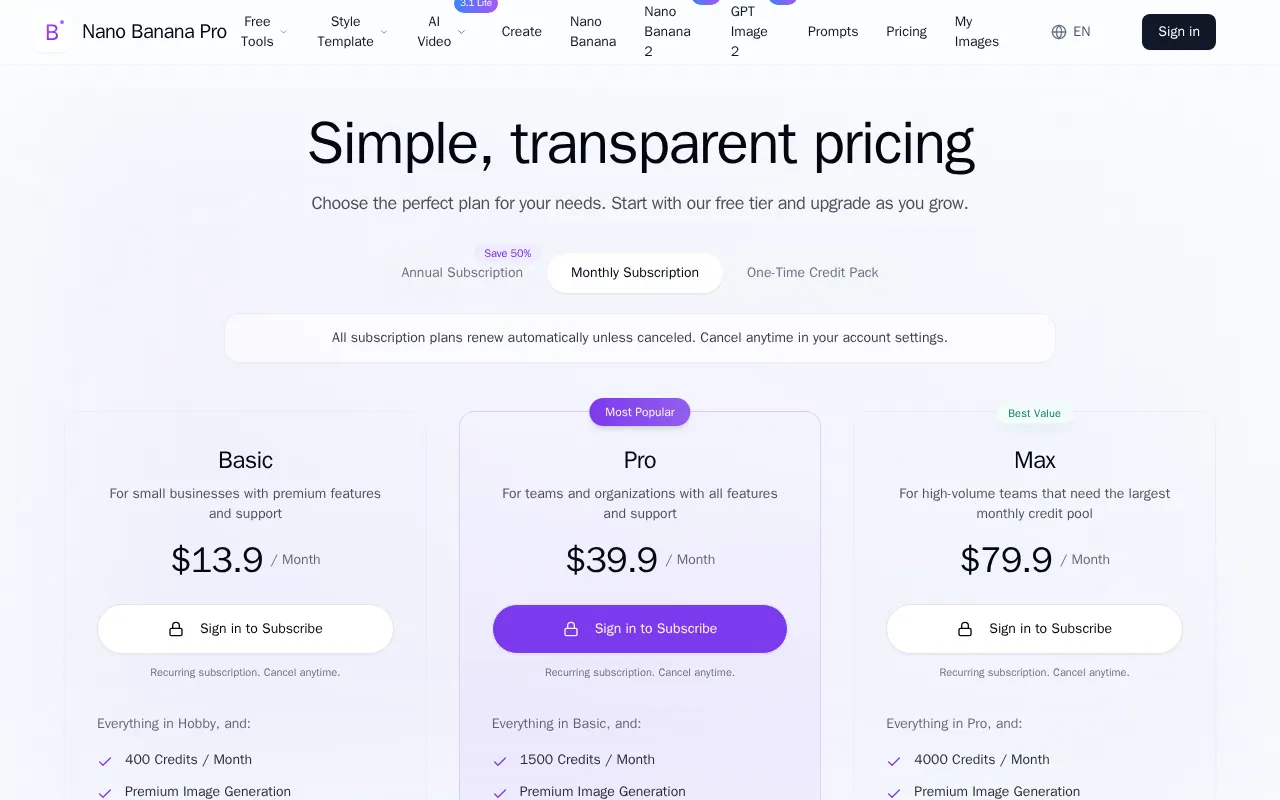 Nano Banana Pro — pricing page