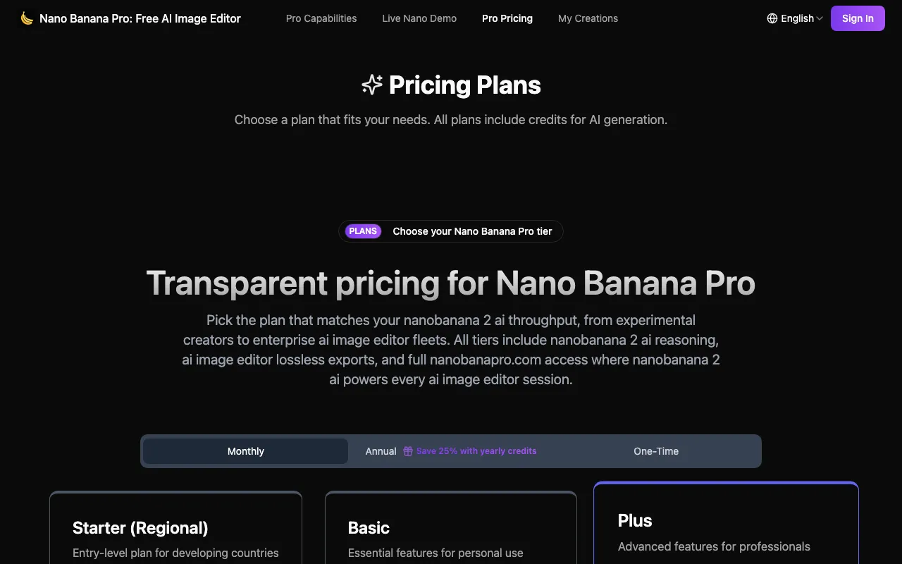 Nano Banana Pro: Free AI Image Editor — pricing page