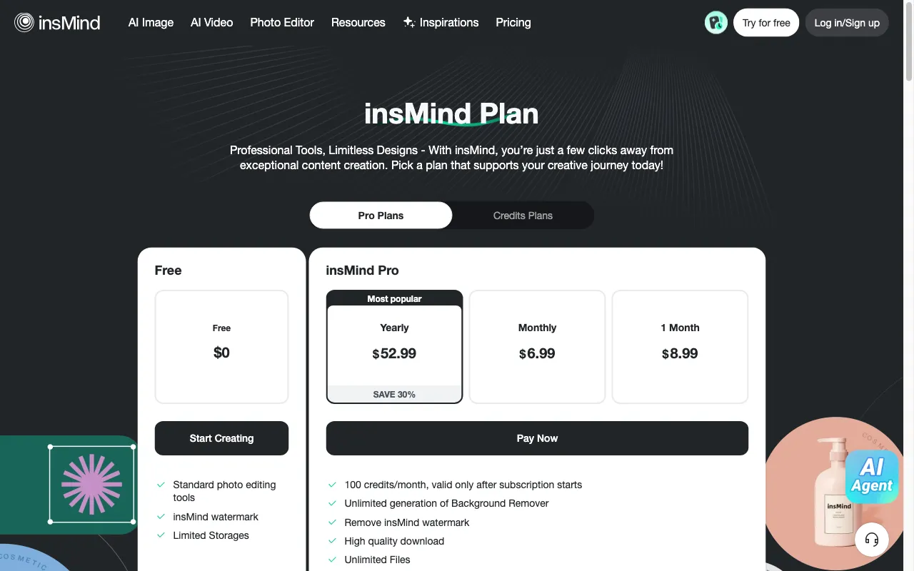 Nano Banana Pro in insMind — pricing page