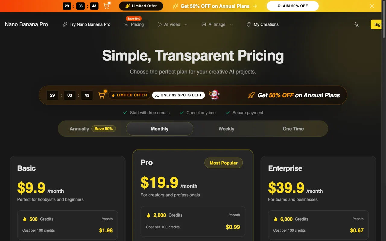 Nano Banana Pro — pricing page