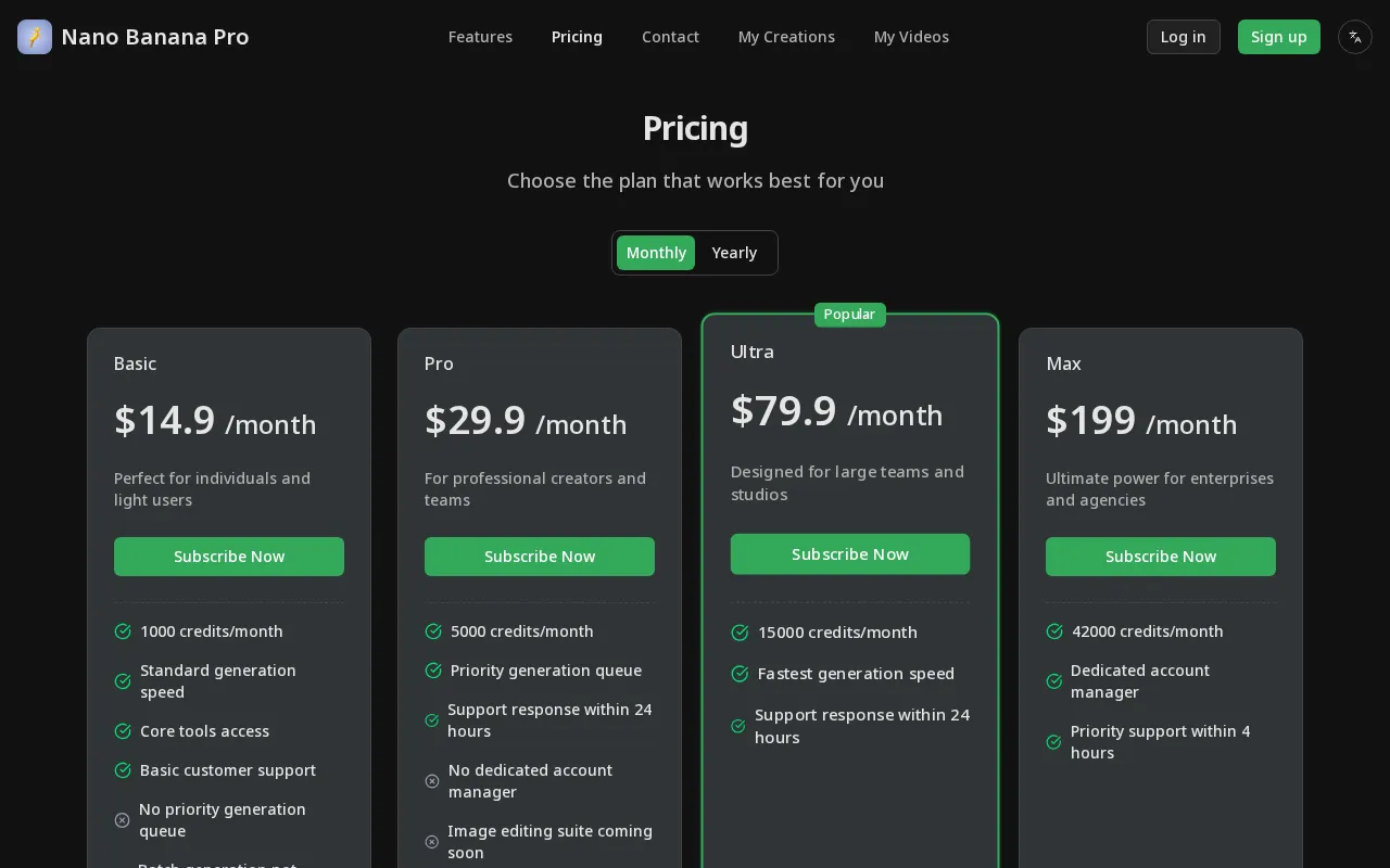 nano banana pro studio — pricing page
