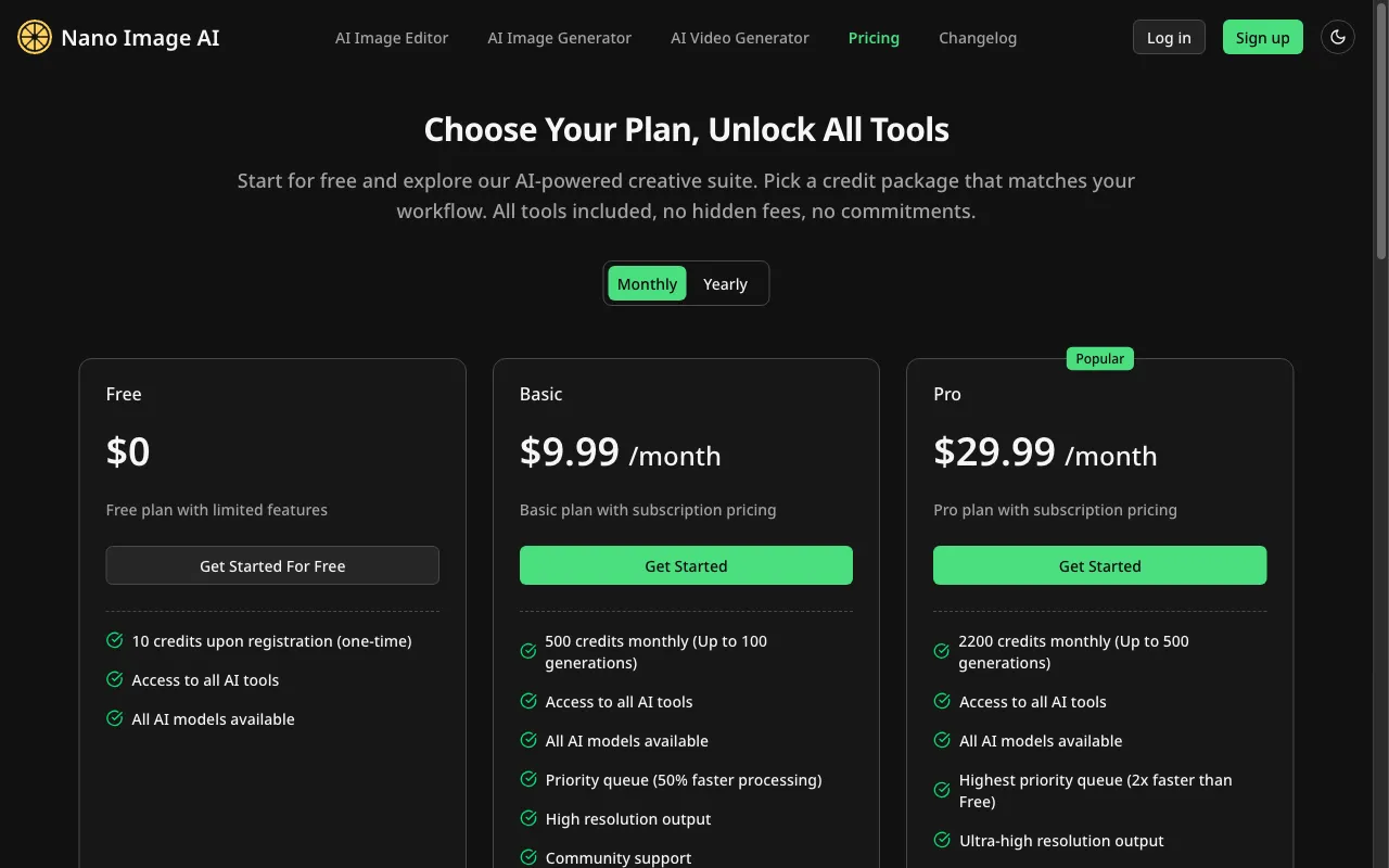 Nano Image AI — pricing page