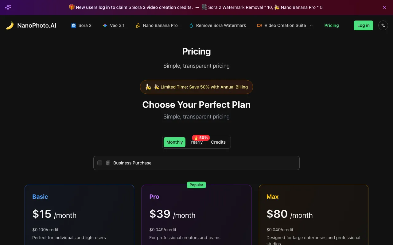 NanoPhoto.AI — pricing page