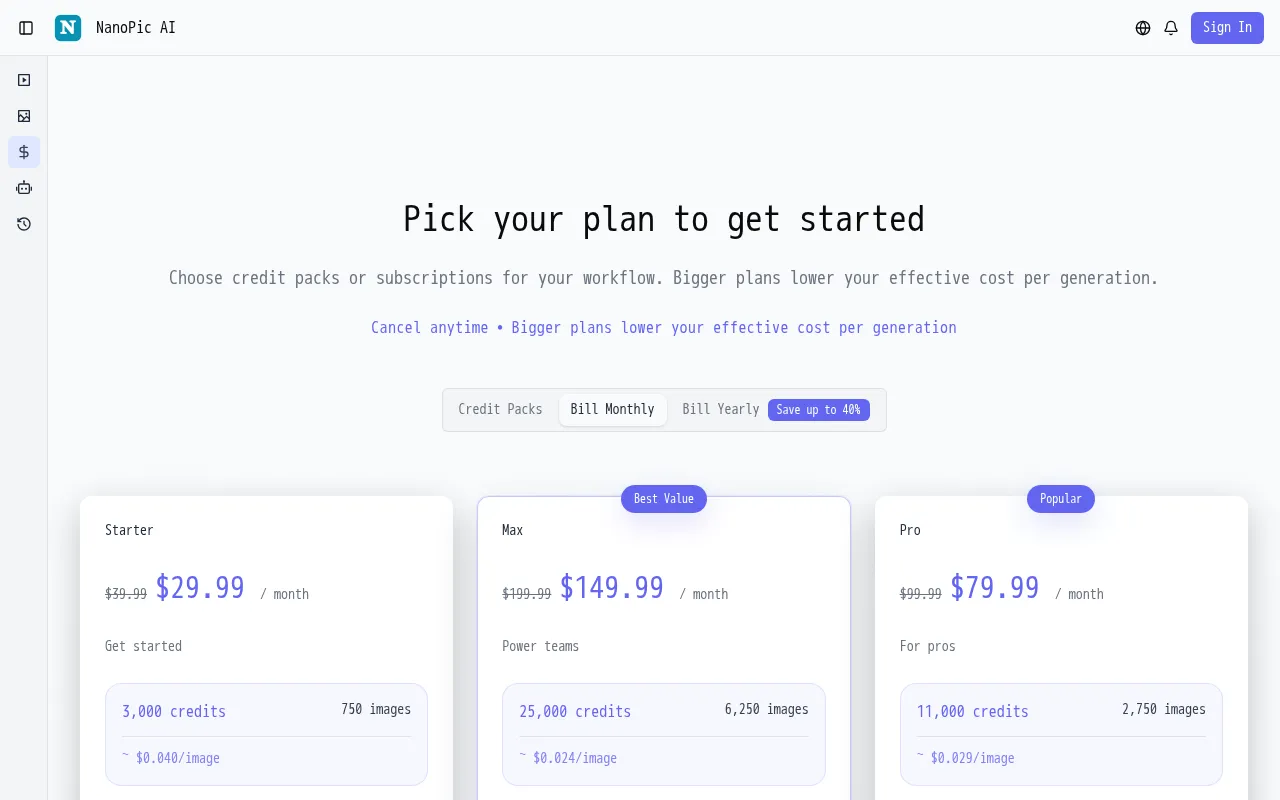 NanoPic AI — pricing page