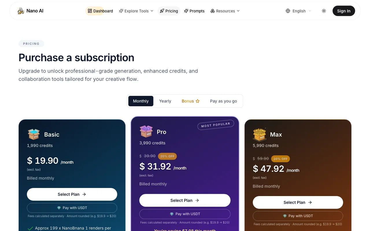 NanoBanana AI Image Generator — pricing page