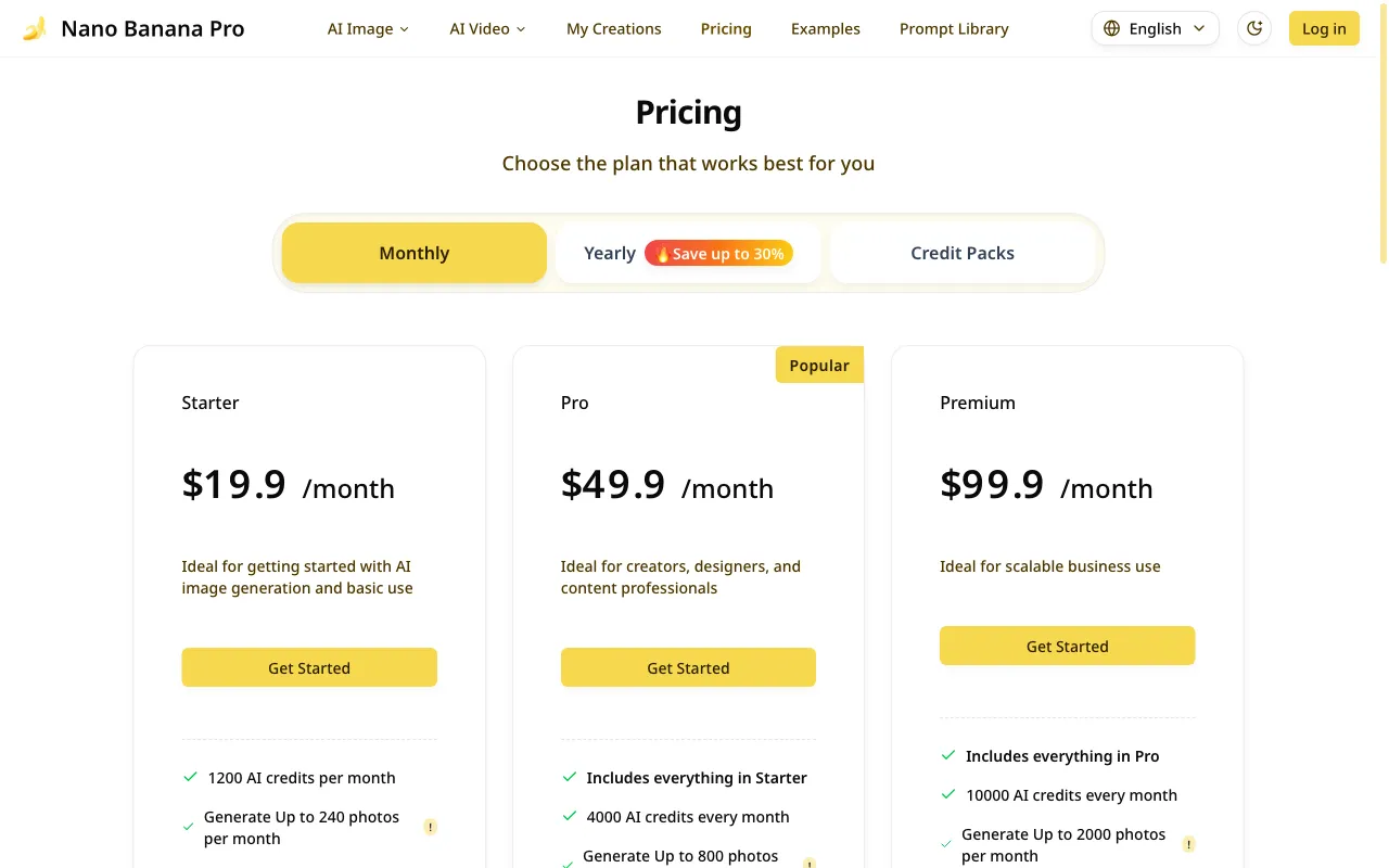 NanoBanana Pro — pricing page