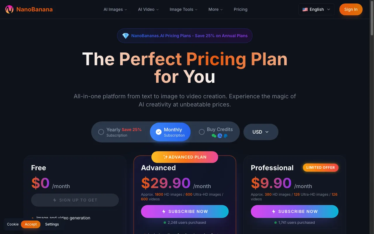 NanoBananas AI — pricing page