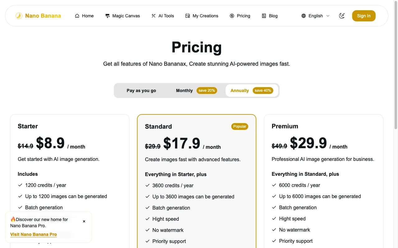 Nano Banana — pricing page