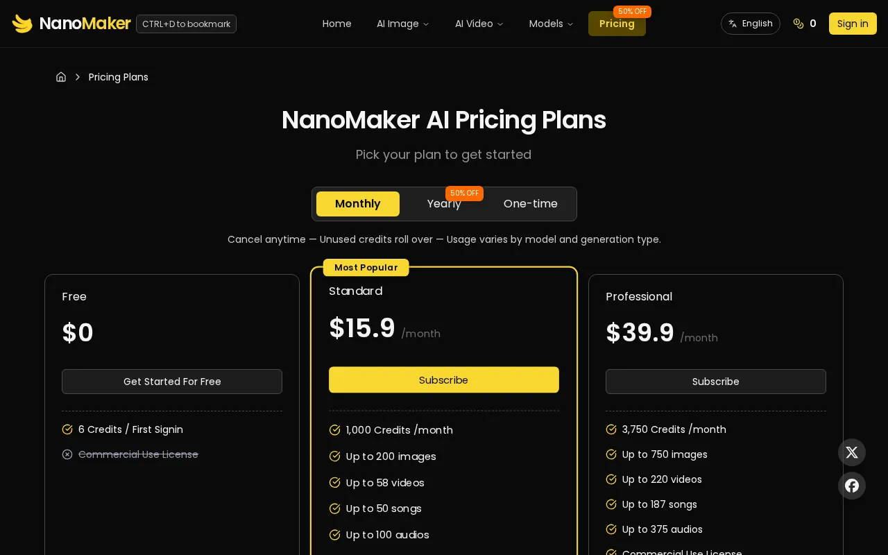NanoMaker AI — pricing page