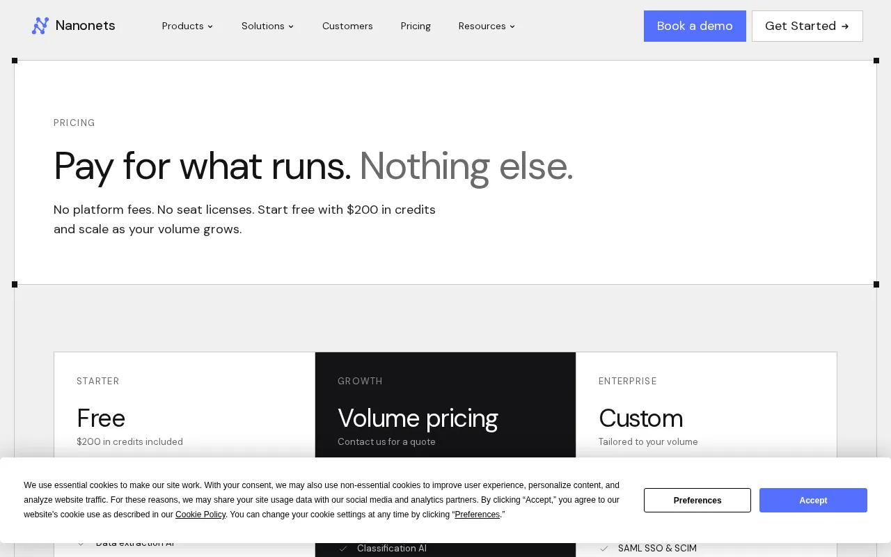 Nanonets — pricing page