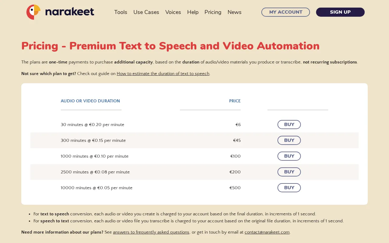 Narakeet — pricing page