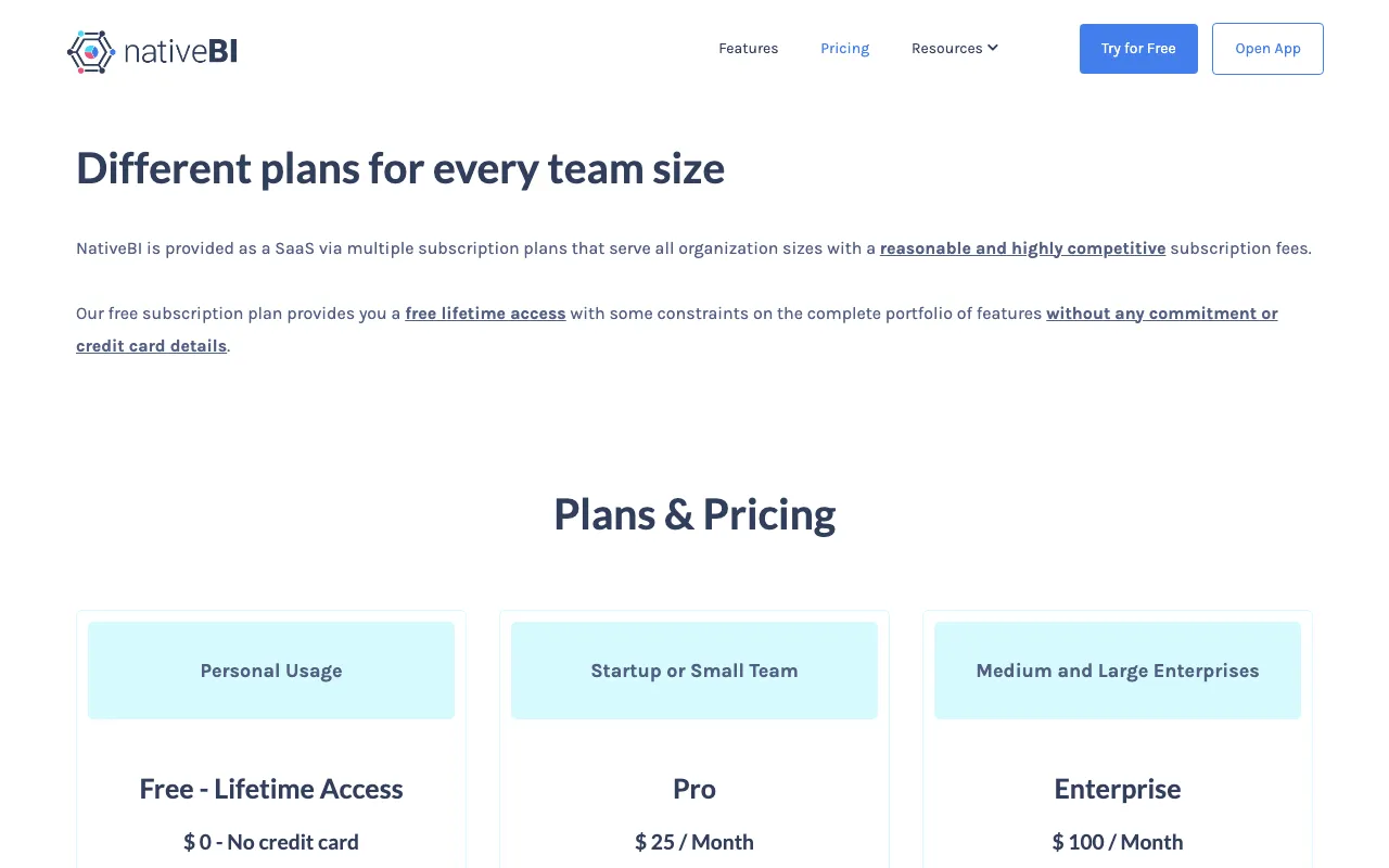 NativeBI — pricing page