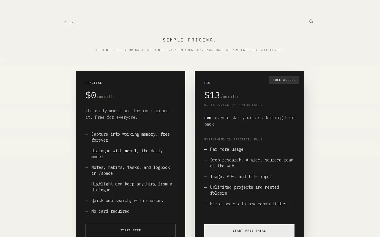 nenspace — pricing page