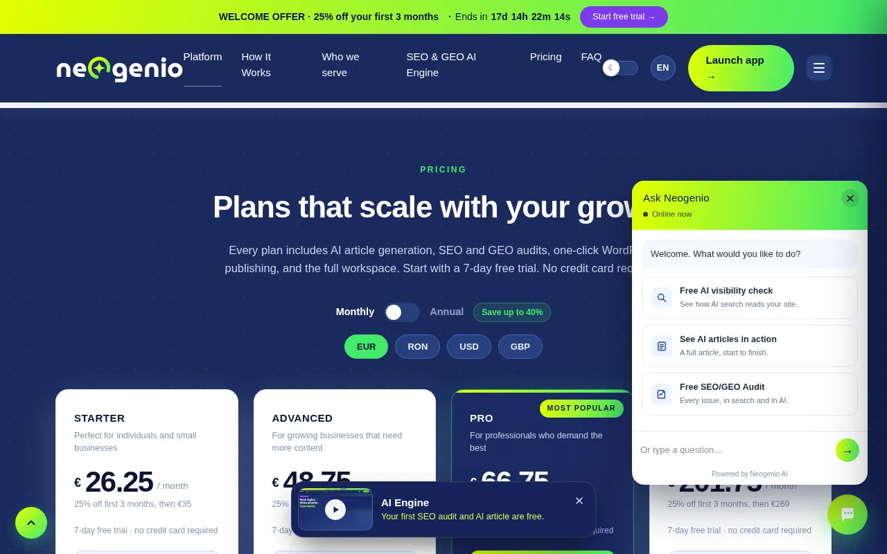Neogenio SEO AI Engine — pricing page