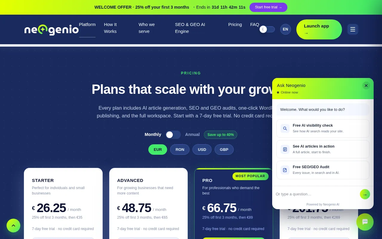 Neogenio SEO & GEO AI Engine — pricing page