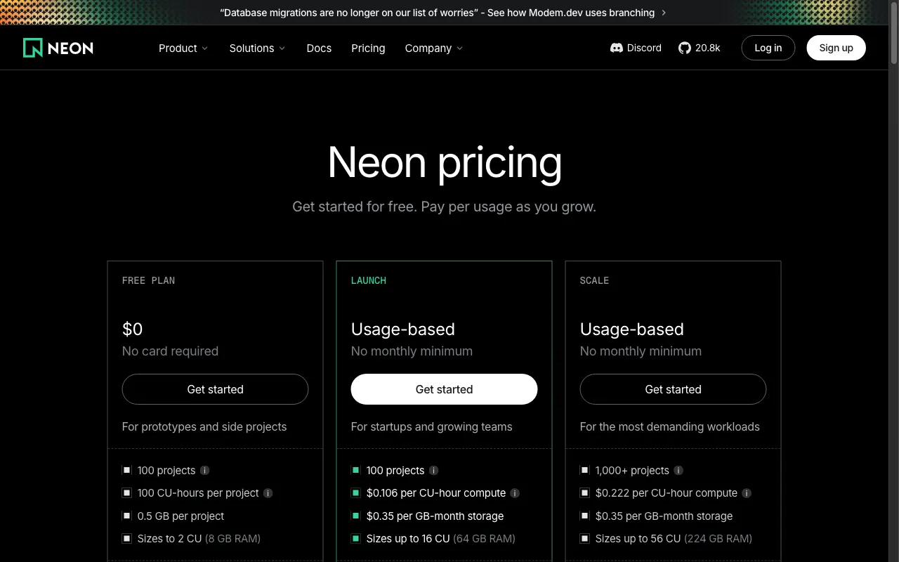 Neon — pricing page