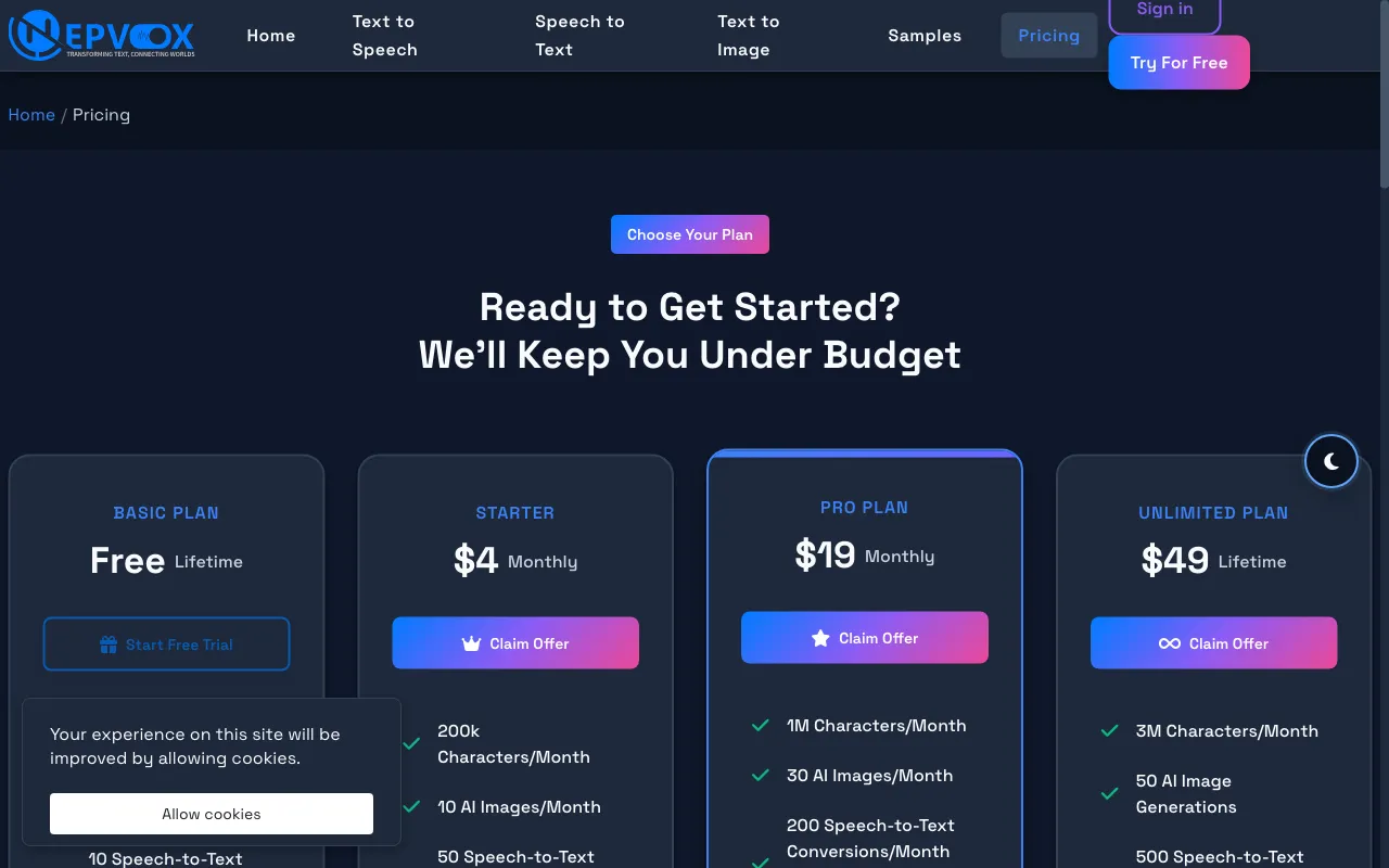 Nepvox AI — pricing page