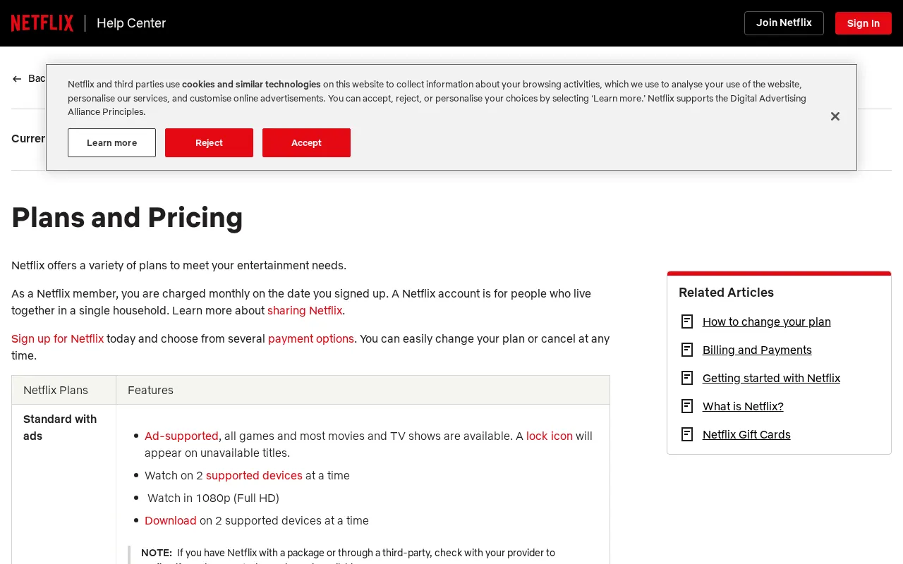 Netflix — pricing page
