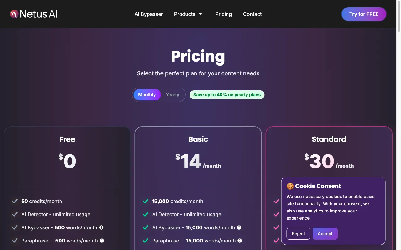 Netus AI — pricing page