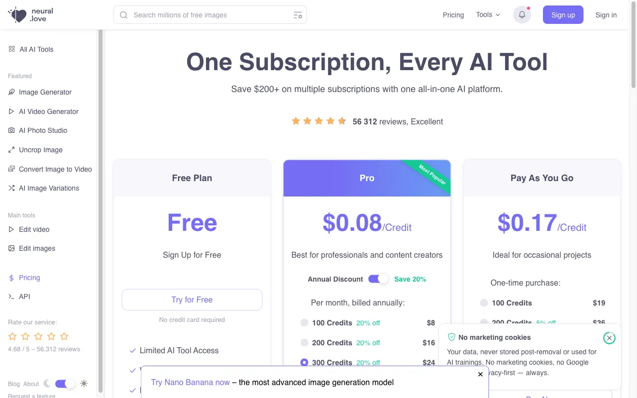 Neural.love Art Generator — pricing page