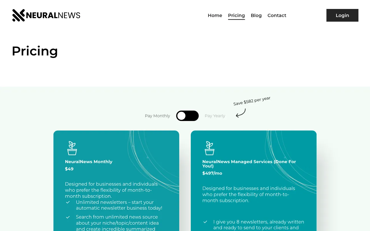 Neural Newsletters — pricing page