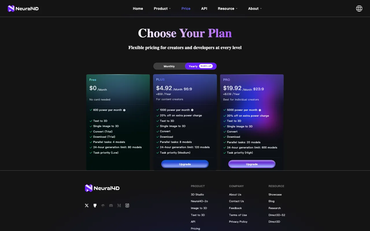 Neural4D — pricing page