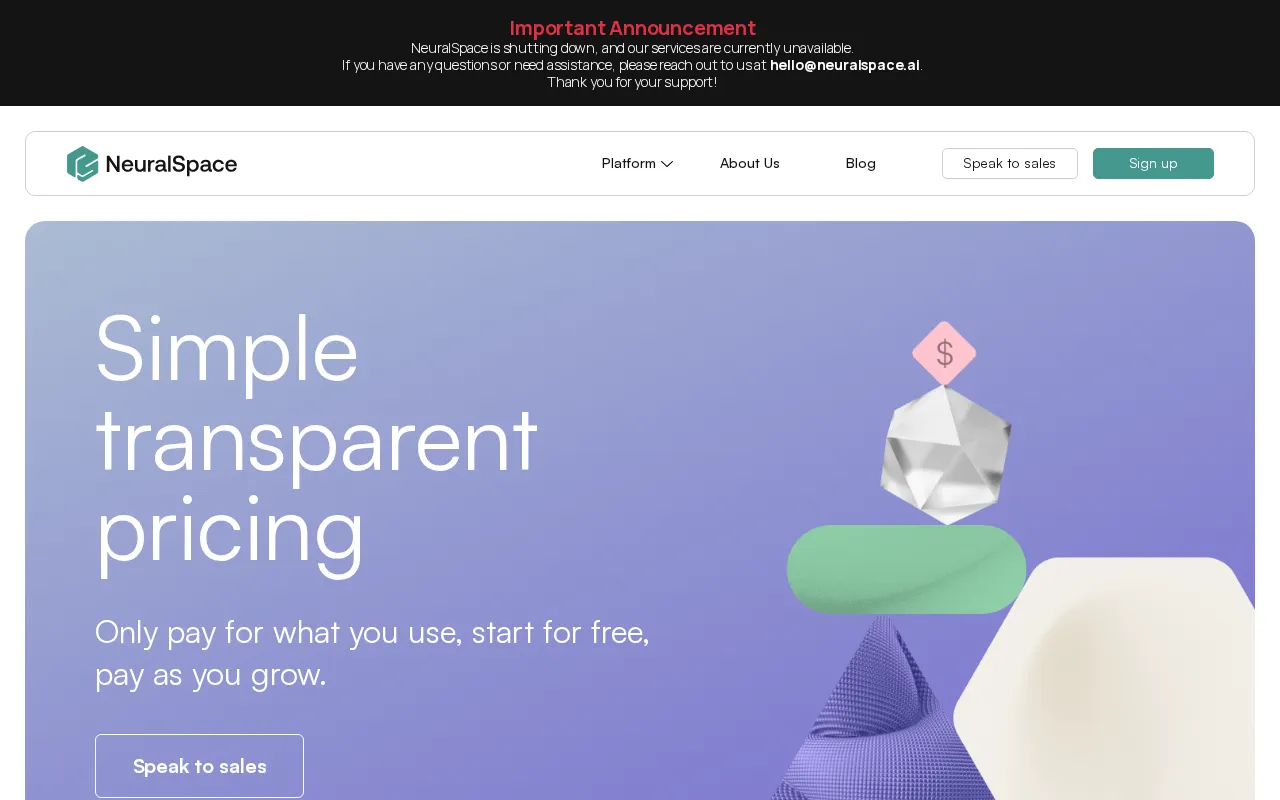 NeuralSpace VoiceAI — pricing page