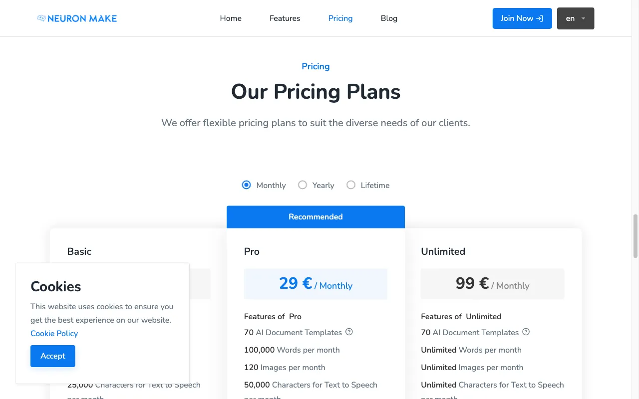 Neuron Make AI — pricing page