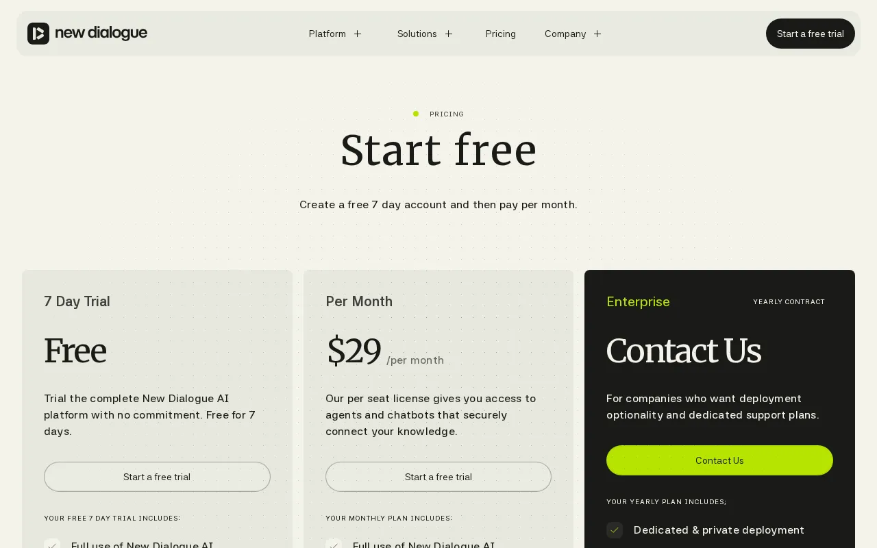 New Dialogue — pricing page