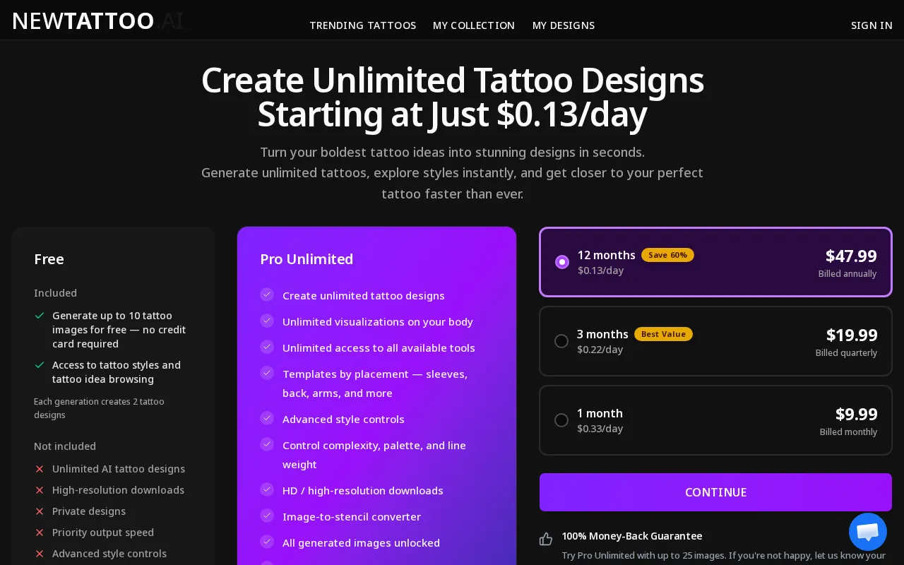 NewTattoo.ai — pricing page