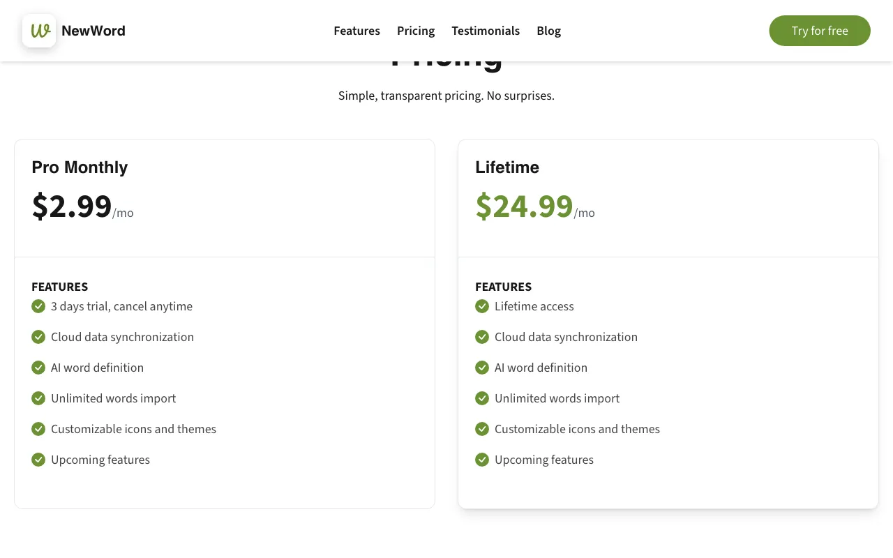 NewWord — pricing page
